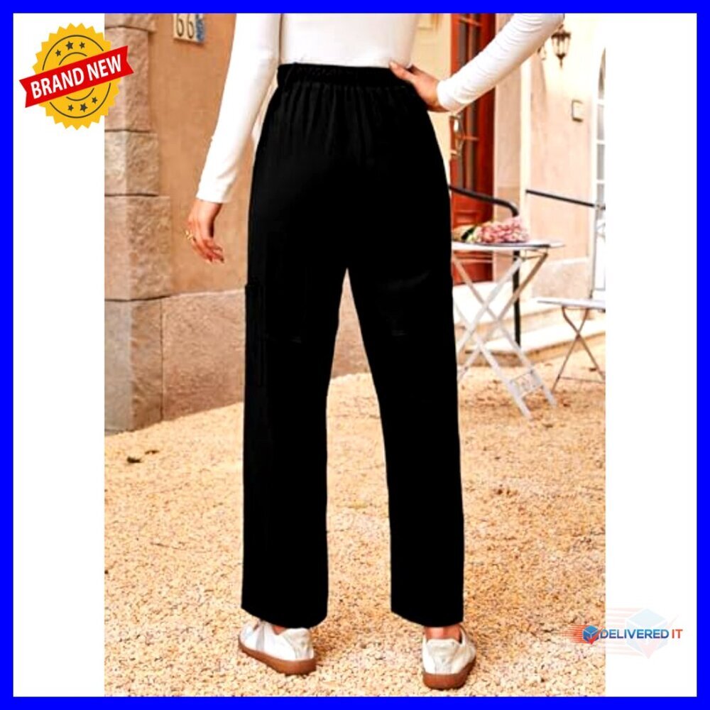 High Waisted Cotton Drawstring Pants Casual Loose Fit Travel Trousers with - Picture 3 of 6